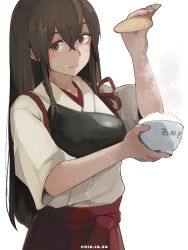 Rule 34 | 1girl, air kon, akagi (kancolle), bad id, bad twitter id, bowl, brown eyes, brown hair, closed mouth, commentary, dated, food, food on face, hakama, hakama short skirt, hakama skirt, japanese clothes, kantai collection, long hair, looking at viewer, muneate, nontraditional miko, rice, rice bowl, rice on face, simple background, skirt, solo, straight hair, tasuki, translated, white background