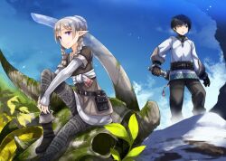 Rule 34 | 1boy, 1girl, animal skull, ayakura juu, belt, black hair, blue sky, boots, braid, commentary request, dagger, day, elf, fantasy, grey hair, holding, holding dagger, holding knife, holding weapon, knife, long hair, looking at viewer, looking to the side, one eye closed, original, outdoors, parted lips, pointy ears, purple eyes, sitting, sky, smile, tunic, twin braids, weapon