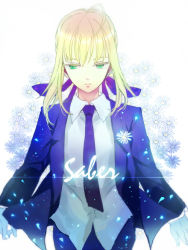 Rule 34 | 1girl, ahoge, artoria pendragon (all), artoria pendragon (fate), blonde hair, boutonniere, character name, fate/zero, fate (series), flower, formal, green eyes, hair ribbon, long hair, long sleeves, necktie, pant suit, pants, ribbon, saber (fate), solo, suit, youaresober