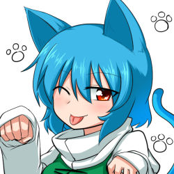 Rule 34 | 1girl, ;p, animal ears, bad id, bad nicoseiga id, blue hair, blush, cat day, cat ears, cat tail, looking at viewer, one eye closed, paw pose, paw print, red eyes, simple background, solo, sumiya nadateru, tail, tatara kogasa, tongue, tongue out, touhou, upper body
