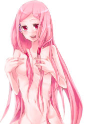 Rule 34 | 10s, 1girl, crystal, crystallization, guilty crown, hair ornament, long hair, nude, open mouth, ouma mana, pink eyes, pink hair, smile, solo, suketyo, twintails, very long hair