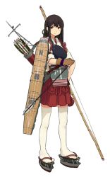 Rule 34 | 10s, 1girl, akagi (kancolle), archery, arrow (projectile), blush, bow (weapon), brown eyes, brown hair, clog sandals, flight deck, full body, gloves, hakama, hakama short skirt, hakama skirt, japanese clothes, kantai collection, kyuudou, long hair, muneate, official art, okobo, personification, quiver, radio antenna, sandals, shibafu (glock23), single glove, skirt, smile, solo, tabi, thighhighs, transparent background, weapon, white thighhighs