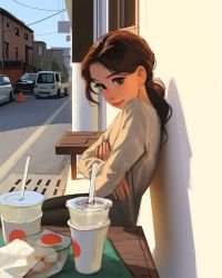Rule 34 | 1girl, against wall, brown eyes, brown hair, cafe, commentary, completion time, crossed arms, cup, day, disposable cup, english commentary, highres, lips, looking at viewer, low ponytail, medium hair, nose, photo-referenced, pout, real life, sam yang (samdoesarts), sitting, solo