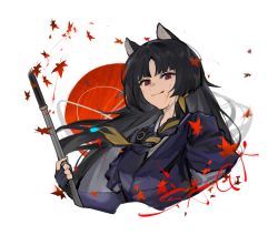 Rule 34 | 1girl, animal ears, arknights, black hair, blood, blood on face, blood splatter, braid, character name, cropped torso, dog ears, dog girl, etiv, hair ribbon, highres, holding, holding sword, holding weapon, japanese clothes, katana, leaf, licking lips, long hair, looking at viewer, maple leaf, red eyes, ribbon, saga (arknights), side braid, single braid, solo, sword, tongue, tongue out, traditional clothes, upper body, weapon, white background