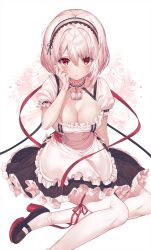 Rule 34 | 1girl, absurdres, anchor choker, apron, azur lane, black footwear, blush, breasts, choker, cleavage, closed mouth, collarbone, dress, eyelashes, frilled apron, frilled choker, frilled dress, frills, hair between eyes, hairband, hand in own hair, hand up, high heels, highres, kinty, lace-trimmed hairband, lace trim, large breasts, legs, looking at viewer, maid apron, puffy sleeves, red eyes, red ribbon, ribbon, ribbon-trimmed legwear, ribbon trim, short hair, short sleeves, sidelocks, silver hair, simple background, sirius (azur lane), sitting, solo, thighhighs, waist apron, white apron, white background, white thighhighs