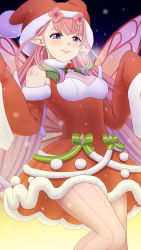 Rule 34 | 1girl, amezuku, christmas, dress, fairy, fairy wings, fire emblem, fire emblem heroes, fur trim, green ribbon, hat, highres, long hair, mirabilis (fire emblem), multicolored hair, nintendo, official alternate costume, pantyhose, pink hair, pointy ears, purple eyes, red dress, red hat, ribbon, santa costume, santa hat, sleeves past fingers, sleeves past wrists, smile, snow, solo, striped clothes, striped pantyhose, twitter username, vertical-striped clothes, vertical-striped pantyhose, very long hair, wings