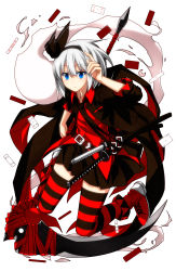 Rule 34 | 1girl, alternate costume, belt, black coat, black hairband, black necktie, black ribbon, black skirt, black thighhighs, blue eyes, blush, card, coat, colored eyelashes, commentary request, hair between eyes, hair ribbon, hairband, hand up, highres, hitodama, holding, holding scythe, holding weapon, index finger raised, katana, konpaku youmu, konpaku youmu (ghost), long sleeves, looking at viewer, miniskirt, necktie, open clothes, open coat, pleated skirt, red footwear, red ribbon, red shirt, red thighhighs, ribbon, sazanami mio, scabbard, scythe, sheath, sheathed, shirt, shoes, short hair, silver hair, simple background, skirt, sneakers, solo, striped clothes, striped thighhighs, sword, thighhighs, thighs, touhou, weapon, white background, wing collar, zettai ryouiki