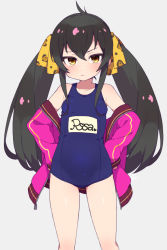 Rule 34 | 1girl, animal print, bad id, bad pixiv id, bare shoulders, black hair, blue one-piece swimsuit, blush, breasts, brown eyes, child, closed mouth, collarbone, commentary request, grey background, hair between eyes, hair ribbon, hands on own hips, heart, idolmaster, idolmaster cinderella girls, jacket, leopard print, long hair, long sleeves, matoba risa, moyori, name tag, off shoulder, old school swimsuit, one-piece swimsuit, open clothes, open jacket, pink jacket, print ribbon, ribbon, school swimsuit, sidelocks, simple background, sleeves past wrists, small breasts, solo, swimsuit, twintails, very long hair, yellow ribbon