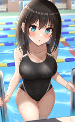 Rule 34 | 1girl, :o, absurdres, black hair, black one-piece swimsuit, blue eyes, blurry, blurry background, blush, borrowed character, breasts, collarbone, competition swimsuit, highres, hisui (user zvkr2432), large breasts, looking at viewer, one-piece swimsuit, original, partially submerged, pool, school swimsuit, short hair, solo, swimsuit, tsubasa (kureha), water, wet