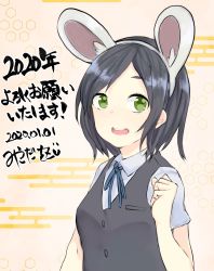 Rule 34 | 1girl, 2020, :d, animal ears, beige background, black hair, black vest, blue ribbon, breasts, clenched hand, commentary request, fake animal ears, green eyes, hairband, hand up, highres, kantai collection, kuroshio (kancolle), looking at viewer, medium breasts, mouse ears, neck ribbon, open mouth, rabbit ears, ribbon, shirt, short hair, short sleeves, sidelocks, smile, solo, transparent background, upper body, vest, white hairband, white shirt, wo zu