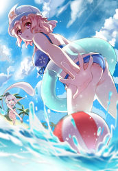 Rule 34 | 2girls, adapted costume, alternate costume, aqua bikini, arms at sides, ass, back, ball, bare legs, barefoot, beach, beachball, bikini, blue bikini, blue eyes, blue ribbon, blue sky, breasts, chestnut mouth, cloud, contrail, day, dutch angle, eyebrows, floral print, frilled bikini, frills, from below, front-tie top, greetload, hairband, highres, hitodama, konpaku youmu, konpaku youmu (ghost), looking back, medium breasts, motion blur, multiple girls, open mouth, outdoors, palm tree, palms, pink hair, purple eyes, ribbon, saigyouji yuyuko, sand, short hair, silver hair, sky, spread fingers, standing, standing on one leg, swimsuit, touhou, transparent, tree, triangular headpiece, wading, water, wavy hair