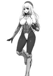 Rule 34 | 1girl, atago (kancolle), black gloves, blonde hair, bodysuit, breasts, gloves, greyscale, hat, ishimiso (ishimura), kantai collection, leotard, monochrome, simple background, skin tight, thighhighs, white background