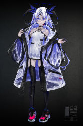 Rule 34 | 1girl, bare shoulders, blue eyes, choker, dark background, dress, earrings, fingernails, full body, garter straps, hair between eyes, hair ornament, halo, highres, jacket, jewelry, long fingernails, long hair, looking at viewer, open clothes, open jacket, original, pointy ears, redjuice, shoes, sneakers, solo, thighhighs, very long fingernails, white dress, white hair