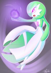 Rule 34 | 1girl, absurdres, arm at side, arm up, artist name, bob cut, collarbone, colored skin, creatures (company), energy ball, female focus, flat chest, from side, full body, game freak, gardevoir, gen 3 pokemon, glowing, glowing eyes, green hair, green skin, highres, leg up, multicolored skin, nintendo, open mouth, outline, outstretched arm, pink eyes, pokemon, pokemon (creature), pokemon move, polyvoir, purple background, shadow ball (pokemon), short hair, signature, solo, two-tone skin, white outline, white skin