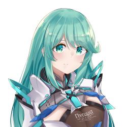Rule 34 | 1girl, alternate hairstyle, blush, breasts, chest jewel, green eyes, green hair, highres, large breasts, long hair, looking at viewer, no headwear, pneuma (xenoblade), sarasadou dan, simple background, smile, solo, straight hair, swept bangs, very long hair, white background, xenoblade chronicles (series), xenoblade chronicles 2