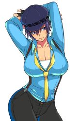 Rule 34 | 1girl, arms up, bad anatomy, blue eyes, blue hair, breasts, cabbie hat, cleavage, cowboy shot, eroe, fingerless gloves, gloves, hat, large breasts, necktie, persona, persona 4, persona 4: dancing all night, persona dancing, shirogane naoto, short hair, simple background, solo, suspenders, white background