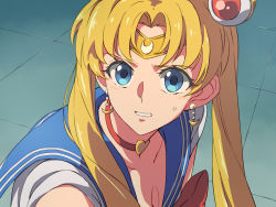 Rule 34 | 1girl, bishoujo senshi sailor moon, bishoujo senshi sailor moon s, blonde hair, blue eyes, blue sailor collar, blush, breasts, chiharu (9654784), choker, circlet, cleavage, clenched teeth, commentary request, crescent, crescent earrings, dated, derivative work, earrings, hair bun, hair intakes, heart, heart choker, highres, jewelry, long hair, looking at viewer, meme, red choker, sailor collar, sailor moon, sailor moon redraw challenge (meme), sailor senshi uniform, single hair bun, solo, sweatdrop, teeth, tsukino usagi, upper body