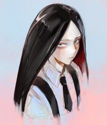 Rule 34 | 1other, bags under eyes, black hair, bort, collared shirt, colored inner hair, colored skin, dress shirt, expressionless, fuzihara180, gem uniform (houseki no kuni), highres, houseki no kuni, long hair, looking at viewer, multicolored hair, necktie, other focus, serious, shirt, solo, suspenders, white shirt, white skin