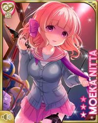 Rule 34 | 1girl, alternate costume, ball, blood, bow, broken smile, card, character name, empty eyes, girlfriend (kari), grey jacket, holding, holding weapon, indoors, jacket, movie set, nitta moeka, open mouth, paper, pink bow, pink hair, pink skirt, purple eyes, qp:flapper, scarf, school uniform, script, shirt, short hair, skirt, smile, solo, thigh strap, weapon, white shirt