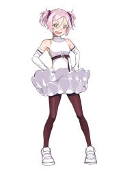 Rule 34 | 1girl, bare shoulders, dress, elbow gloves, fang, full body, gloves, green eyes, hair ribbon, hand on own hip, highres, layered skirt, looking at viewer, mitsuya ryo, momo (virgin road), pantyhose, pink hair, ribbon, shoes, shokei shoujo no virgin road, short twintails, skin fang, skirt, sneakers, solo, turtleneck, turtleneck dress, twintails, white dress, white footwear