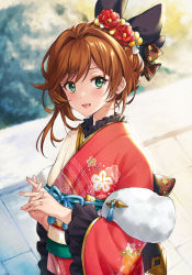 Rule 34 | 1girl, :d, alternate costume, back bow, black bow, blue ribbon, blush, bow, brown hair, clarisse (granblue fantasy), day, flower, frilled sleeves, frills, granblue fantasy, green eyes, hair bow, hair flower, hair ornament, highres, japanese clothes, kimono, long sleeves, looking at viewer, obi, open mouth, outdoors, red flower, red kimono, ribbon, sash, shawl, shiao, short hair, smile, solo, swept bangs, tassel, upper body, wide sleeves