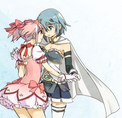 Rule 34 | 10s, 2girls, armband, back, bad id, bad pixiv id, blue eyes, blue hair, bow, cape, corset, dress, eye contact, female focus, gloves, hair bow, heart, holding hands, kaname madoka, looking at another, magical girl, mahou shoujo madoka magica, mahou shoujo madoka magica (anime), miki sayaka, multiple girls, pink eyes, pink hair, short hair, short twintails, skirt, smile, soul gem, thighhighs, twintails, yoplait, yuri, zettai ryouiki