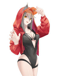 Rule 34 | 1girl, absurdres, animal ear fluff, animal ears, arknights, bikini, bikini under clothes, black bikini, breasts, center opening, covered navel, cowboy shot, ears through headwear, grey hair, groin, hair between eyes, hand up, highleg, highleg swimsuit, highres, hood, hood up, jacket, long hair, looking at viewer, medium breasts, no tail, official alternate costume, one-piece swimsuit, open clothes, open jacket, open mouth, projekt red (arknights), red jacket, simple background, solo, swimsuit, thigh strap, visor cap, white background, wolf ears, yellow eyes, yueyue no hand