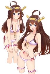 Rule 34 | 10s, 1girl, ahoge, alternate costume, amami amayu, bikini, blush, breasts, brown hair, closed mouth, collarbone, hands on own knees, headgear, kantai collection, kongou (kancolle), leaning forward, long hair, looking at viewer, medium breasts, multiple views, navel, open mouth, pink bikini, remodel (kantai collection), side-tie bikini bottom, simple background, smile, standing, strap pull, swimsuit, thigh strap, upper body, white background, wrist straps