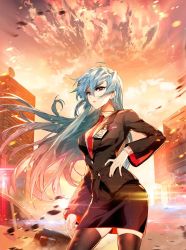 Rule 34 | 1girl, black nails, building, car, cloud, collar, cover, cover page, douluo dalu, formal, frown, glint, hei zhi shi, highres, long hair, long sleeves, motor vehicle, multicolored hair, nail polish, necktie, office lady, official art, rubble, skirt, skirt suit, solo, suit, thighhighs, third-party source, upper body, wang qiu er (douluo dalu)