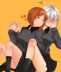 Rule 34 | 10s, 2girls, black footwear, black legwear, black skirt, blue eyes, blush, brown hair, captainkuma, closed mouth, couple, dress shirt, fume, girls und panzer, grey shirt, hand on another&#039;s knee, hand on own face, heart, highres, holding hands, interlocked fingers, itsumi erika, kuromorimine school uniform, loafers, long hair, long sleeves, looking at another, miniskirt, multiple girls, nishizumi miho, pleated skirt, school uniform, shirt, shoes, short hair, side-by-side, silver hair, simple background, sitting, skirt, smile, socks, yuri