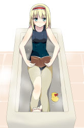 Rule 34 | 1girl, alice margatroid, barefoot, bathtub, blonde hair, blue eyes, book, feet, female focus, hairband, one-piece swimsuit, rubber duck, school swimsuit, shigen, short hair, solo, submerged, swimsuit, toes, touhou