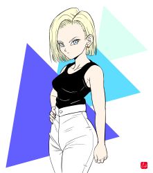 Rule 34 | 1girl, android 18, blonde hair, blue eyes, breasts, chris re5, collarbone, cowboy shot, dragon ball, dragonball z, earrings, forehead, hand on own hip, high-waist pants, highres, hip focus, jewelry, medium breasts, pants, signature, solo, tank top