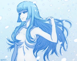 Rule 34 | 1girl, akairiot, blue eyes, blue hair, blue theme, breasts, colored skin, completely nude, hair censor, hair over breasts, light smile, matching hair/eyes, medium breasts, mole, mole under eye, monochrome, navel, nude, original, snow, snowing, solo, white skin, yuki onna