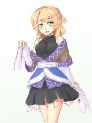 Rule 34 | 1girl, arm warmers, black dress, blonde hair, blush, breasts, brown jacket, commentary request, cowboy shot, dress, green eyes, hair between eyes, half updo, isaki (gomi), jacket, looking at viewer, medium breasts, medium hair, mizuhashi parsee, multicolored clothes, multicolored jacket, off shoulder, open mouth, pointy ears, short ponytail, simple background, smile, solo, touhou, white background