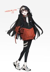 Rule 34 | 1girl, absurdres, black hair, black jacket, black leggings, brown eyes, full body, hands in pockets, heel up, highres, hood, hooded jacket, jacket, leggings, light blush, long hair, long sleeves, looking at viewer, mizu (gj5 o), multicolored clothes, multicolored jacket, nijisanji, open mouth, partially unzipped, red jacket, shirt, shoes, simple background, sneakers, solo, standing, tsukino mito, turtleneck, turtleneck shirt, two-tone jacket, virtual youtuber, white background, white shirt