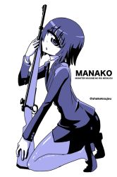 Rule 34 | 1girl, blue theme, blunt bangs, bolt action, business suit, character name, character request, collared shirt, copyright name, cyclops, formal, from side, full body, gun, high heels, holding, holding gun, holding weapon, jacket, kneeling, long sleeves, looking at viewer, looking to the side, manako, monochrome, monster girl, monster musume no iru nichijou, mosin-nagant, necktie, one-eyed, pantyhose, parted lips, pencil skirt, purple theme, rifle, shake-o, shirt, short hair, simple background, skirt, skirt suit, solo, suit, twitter username, weapon, white background