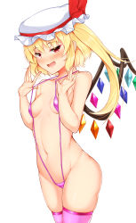 Rule 34 | 1girl, blonde hair, blush, breasts, daichi (tokoya), female focus, flandre scarlet, groin, highres, looking at viewer, navel, one-piece swimsuit, purple one-piece swimsuit, red eyes, slingshot swimsuit, small breasts, smile, solo, swimsuit, touhou, wings
