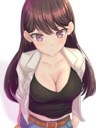 Rule 34 | 1girl, absurdres, bang dream!, bang dream! it&#039;s mygo!!!!!, belt, breasts, brown hair, cleavage, closed mouth, frown, highres, large breasts, long hair, looking at viewer, midriff, midriff peek, mole, mole under eye, purple eyes, rbmsites, shadow, shiina taki, simple background, solo, white background