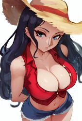 Rule 34 | 1girl, ai-assisted, arms behind back, bare arms, bare shoulders, black hair, blue eyes, breasts, cleavage, closed mouth, collarbone, cosplay, cowboy shot, crop top, cutoffs, denim, denim shorts, from above, hat, highres, large breasts, looking at viewer, monkey d. luffy, monkey d. luffy (cosplay), navel, nico robin, one piece, one piece treasure cruise, partially unbuttoned, shirt, shorts, simple background, sleeveless, sleeveless shirt, solo, straw hat, vcais, white background