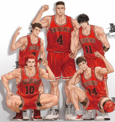 Rule 34 | 14ho sd, 5boys, :d, akagi takenori, arm up, armband, armpits, basketball jersey, basketball uniform, black armband, black eyes, black footwear, black hair, black wristband, brown eyes, brown hair, buzz cut, clenched hand, closed mouth, dark-skinned male, dark skin, full body, group picture, hand on own face, hand on own hip, highres, knee pads, looking at viewer, male focus, mitsui hisashi, miyagi ryouta, multiple boys, open mouth, pectoral cleavage, pectorals, red hair, red shorts, red tank top, red wristband, rukawa kaede, sakuragi hanamichi, scar, scar on chin, scar on face, shadow, shoes, short hair, shorts, simple background, single knee pad, slam dunk (series), smile, sneakers, sportswear, squatting, tank top, toned, toned male, undercut, v, very short hair, wavy hair, white background, white footwear