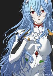Rule 34 | 1girl, 50 sn stannum, ayanami rei, black background, blue hair, bodysuit, breasts, commentary request, dated, gloves, hair between eyes, hand on own chest, highres, long hair, looking at viewer, making-of available, medium breasts, neon genesis evangelion, parted lips, plugsuit, red eyes, simple background, solo, upper body, very long hair, white bodysuit