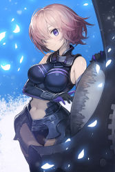 Rule 34 | 1girl, ahoge, arm across chest, armor, armored collar, armored leotard, black gloves, black leotard, blue background, breasts, clothing cutout, commentary, cowboy shot, elbow gloves, fate/grand order, fate (series), faulds, gloves, goomrrat, hair over one eye, hand rest, hand up, head tilt, impossible clothes, impossible leotard, large breasts, legs together, leotard, light particles, looking at viewer, mash kyrielight, messy hair, multicolored background, multicolored clothes, multicolored gloves, navel, navel cutout, petals, pink hair, purple eyes, purple gloves, shield, short hair, sleeveless, smile, solo, standing, striped, thigh strap, white background, wrist guards