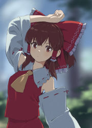Rule 34 | 1girl, arm on own head, arm up, ascot, blurry, blurry background, blush, bow, brown eyes, brown hair, bush, check commentary, closed mouth, commentary request, cowboy shot, detached sleeves, frilled bow, frilled shirt collar, frills, hair between eyes, hair bow, hair tubes, hakurei reimu, hand on own head, highres, large bow, leaning back, leaning to the side, long sleeves, looking at viewer, medium hair, outdoors, outstretched arm, red bow, red shirt, red skirt, ribbon, ribbon-trimmed collar, ribbon-trimmed sleeves, ribbon trim, shiratama (hockey), shirt, sidelocks, skirt, skirt set, sleeveless, sleeveless shirt, solo, touhou, wide sleeves, yellow ascot, yellow ribbon