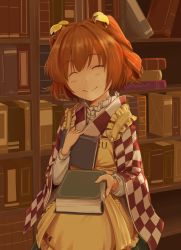 Rule 34 | 1girl, apron, bell, book, bookshelf, checkered clothes, checkered shirt, clothes writing, closed eyes, female focus, hair bell, hair ornament, jingle bell, kawashina (momen silicon), long sleeves, motoori kosuzu, shirt, short hair, smile, solo, touhou, twintails, two side up, wide sleeves