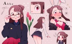 Rule 34 | 1girl, ?, ??, adjusting eyewear, alternate costume, animal ears, asymmetrical bangs, blunt bangs, blush, breasts, brown hair, character name, cleavage, collared shirt, commentary request, fake animal ears, glasses, hairband, highres, kagari atsuko, leotard, little witch academia, long hair, long sleeves, multiple views, nail polish, open mouth, playboy bunny, pout, purple nails, qioco, rabbit ears, shirt, skirt, sweater, thighs, white shirt