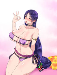 Rule 34 | 1girl, areola slip, bare shoulders, bikini, blush, breasts, cameltoe, cleavage, collarbone, covered erect nipples, eyepatch bikini, fate/grand order, fate (series), fellatio gesture, female pubic hair, highres, large breasts, long hair, looking at viewer, minamoto no raikou (fate), navel, open mouth, pubic hair, pubic hair peek, purple bikini, purple eyes, purple hair, saliva, saliva trail, sitting, solo, sukumo (kemutai), sweat, swimsuit, tongue, tongue out, very long hair