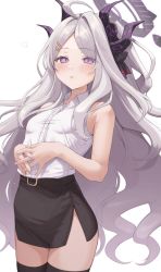 Rule 34 | 1girl, :o, ahoge, black skirt, black thighhighs, blue archive, blush, curled horns, demon horns, flat chest, grey hair, hair ornament, hairpin, halo, heart, highres, hina (blue archive), horns, long hair, looking at viewer, multiple horns, own hands together, pencil skirt, purple eyes, shirt, simple background, skirt, sleeveless, sleeveless shirt, solo, takio (kani sama), thighhighs, very long hair, white background, white shirt