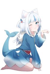 Rule 34 | 1girl, animal costume, animal ears, barefoot, blue eyes, blue hair, blue hoodie, cat ears, fang, fins, fish tail, gawr gura, gawr gura (1st costume), grey hair, hair ornament, highres, hololive, hololive english, hood, hoodie, kemonomimi mode, medium hair, moonlightlight, multicolored hair, one eye closed, paw pose, shark costume, shark girl, shark hair ornament, shark tail, smile, solo, streaked hair, tail, two side up, virtual youtuber, white background