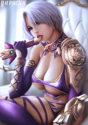 Rule 34 | 1girl, armor, blue eyes, breasts, chair, cleavage, commentary, earrings, english commentary, gauntlets, gloves, isabella valentine, jewelry, large breasts, licking, licking weapon, looking at viewer, namco, navel, open mouth, pauldrons, purple gloves, purple legwear, realistic, revealing clothes, short hair, shoulder armor, sideboob, single gauntlet, sitting, soul calibur, sword, tongue, tongue out, underboob, weapon, whip, whip sword, white hair, yupachu