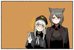 Rule 34 | 2girls, animal ears, black capelet, black cloak, black dress, black headwear, bob cut, bodystocking, border, bright pupils, capelet, cat ears, cat girl (gogalking), cloak, closed mouth, collared cloak, dress, gloves, gogalking, grey hair, hand up, hat, head down, head tilt, highres, junior (gogalking), long hair, looking at another, looking at viewer, military hat, multiple girls, neck ribbon, orange background, original, red eyes, ribbon, short hair, simple background, smile, sweat, v, white border, white gloves, white pupils, white ribbon, yellow eyes